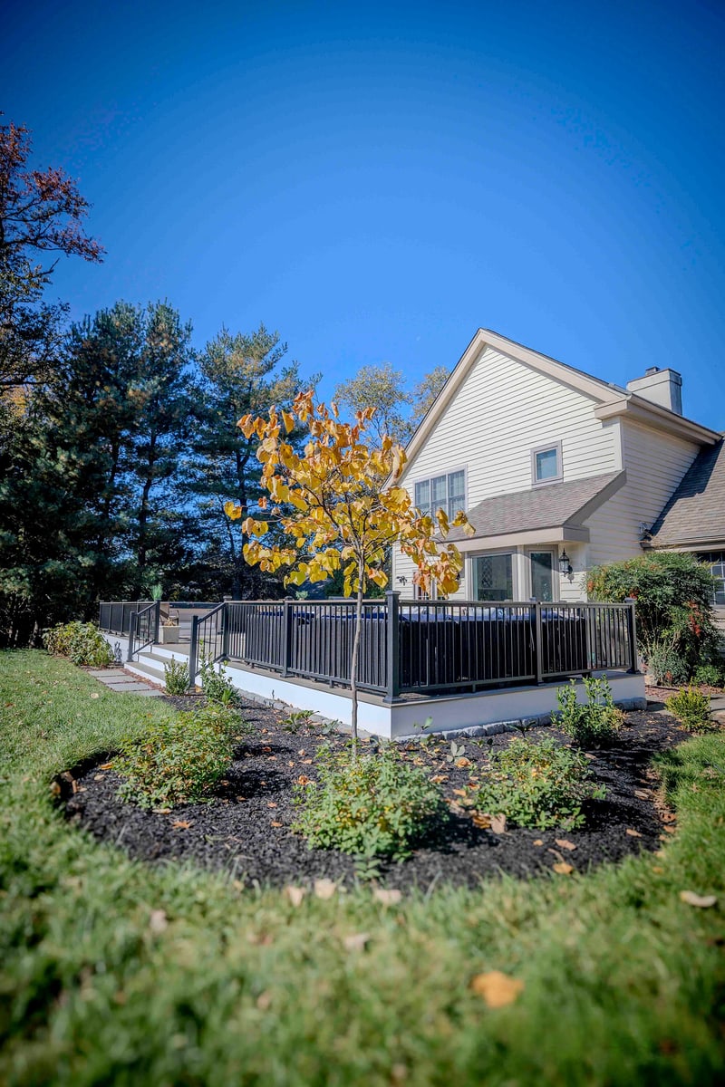 Ground-level establishing view of the Chadds Ford property from the lawn corner: a slim red-leafed tree stands centered against the black aluminum railing of the back deck, with mature evergreens framing the home in the distance