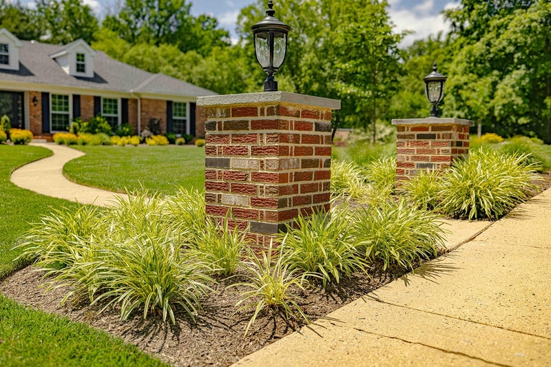 Brick pillars with lamps flanking walkway, Greenville Delaware