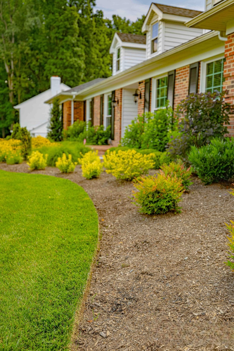 Curved mulch bed running along Greenville DE home
