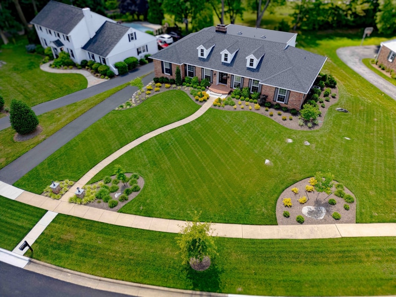 Top-down aerial view of Greenville Delaware property landscape design