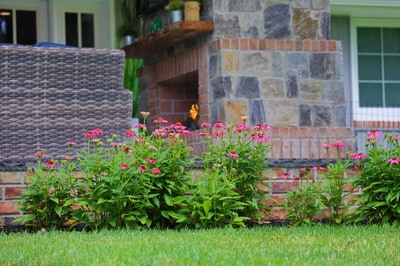 Mixed stone and brick fireplace with woven retaining wall, vibrant pink zinnias blooming in foundation planting beds along the lawn.