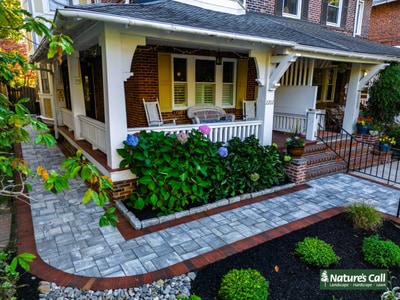 Paver patio curves around foundation plantings with blooming hydrangeas and border hedging, fronting brick cottage with white porches.