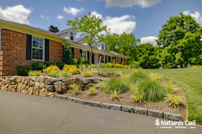Stone retaining wall with ornamental grasses and shrubs along driveway of brick home in Greenville, DE.