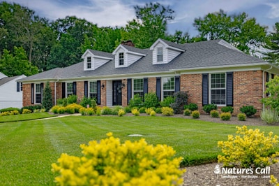 Brick rancher home with broad foundation plantings including flowering yellow shrubs and ivy-covered corners in Greenville, DE.