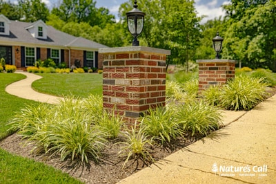 Brick entry pillars with landscape lighting and ornamental grasses flanking curved driveway in Greenville, DE.