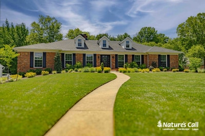 Curved concrete walkway leads through manicured lawn with yellow-flowering foundation plantings anchoring the brick home's front in Greenville, DE.
