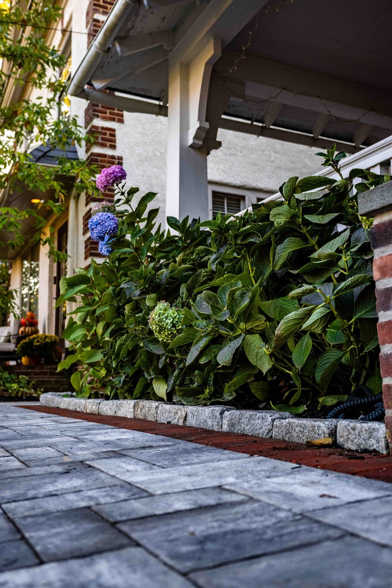 Looking up the Wilmington porch from the paver walkway: the scrollwork wrought iron railing curves up on the left, a granite cobble border runs along the porch base, the hydrangea hedge fills the middle ground, and a brick column with a seasonal-flower urn anchors the top of the frame